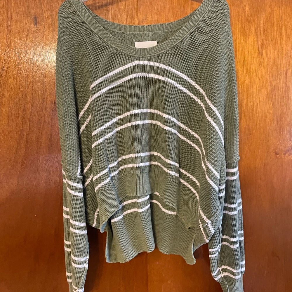 Aerie Green and White Striped Crew Neck Sweater